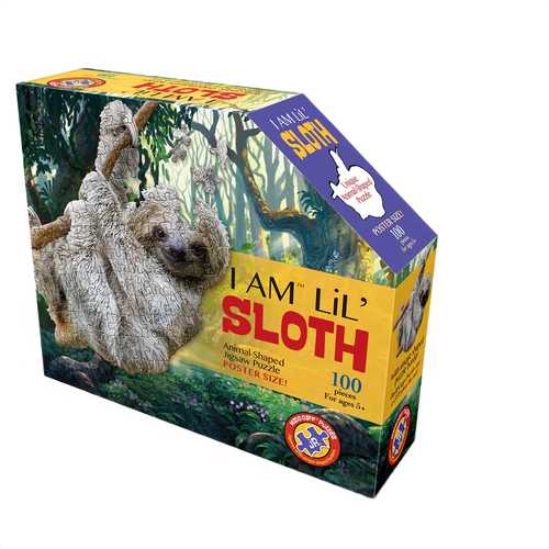 Colorful box featuring a uniquely shaped 100-piece sloth jigsaw puzzle with large pieces ideal for children, part of a handcrafted collection in Toys, Books & Games and Children's Toys.