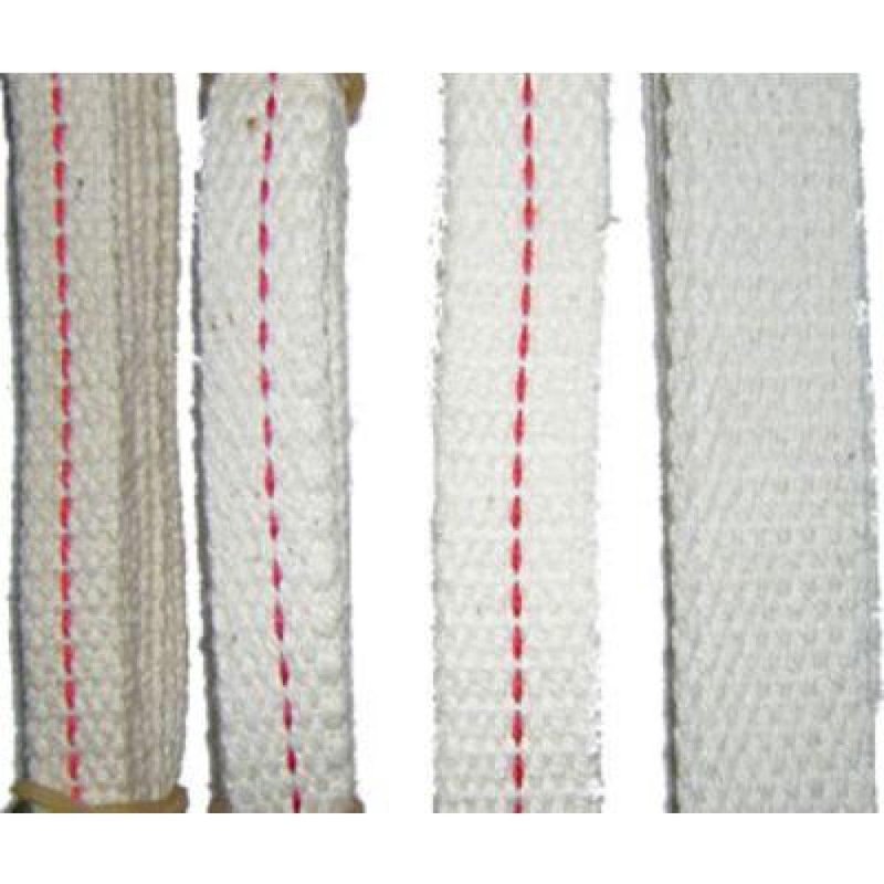 Close-up of assorted flat cotton wicks with red stitching for oil lamps, designed for clean burning and reliable fuel delivery, featured in Farm, Garden & Tool and Lamps & Lighting collections.