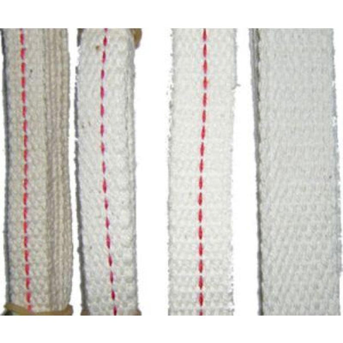Close-up of assorted flat cotton wicks with red stitching for oil lamps, designed for clean burning and reliable fuel delivery, featured in Farm, Garden & Tool and Lamps & Lighting collections.