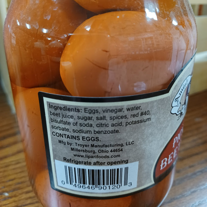 Glass jar of naturally preserved canned eggs in beet juice brine with vintage label and gold lid, handcrafted and made in USA, ideal for Kitchen & Food, Pantry, USA Made, Best Sellers, and Promo Eligible collections.