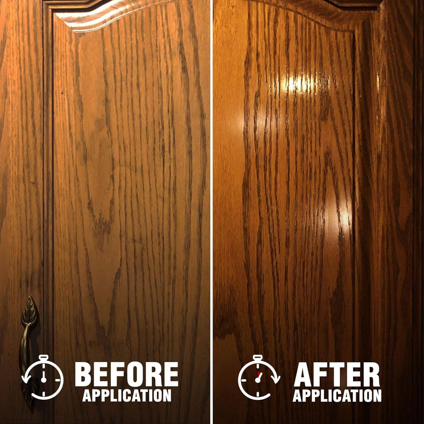 Side-by-side comparison of a wood cabinet door before and after application of polish, highlighting restored shine and enhanced wood grain, suitable for Home & Decor and USA Made collections.