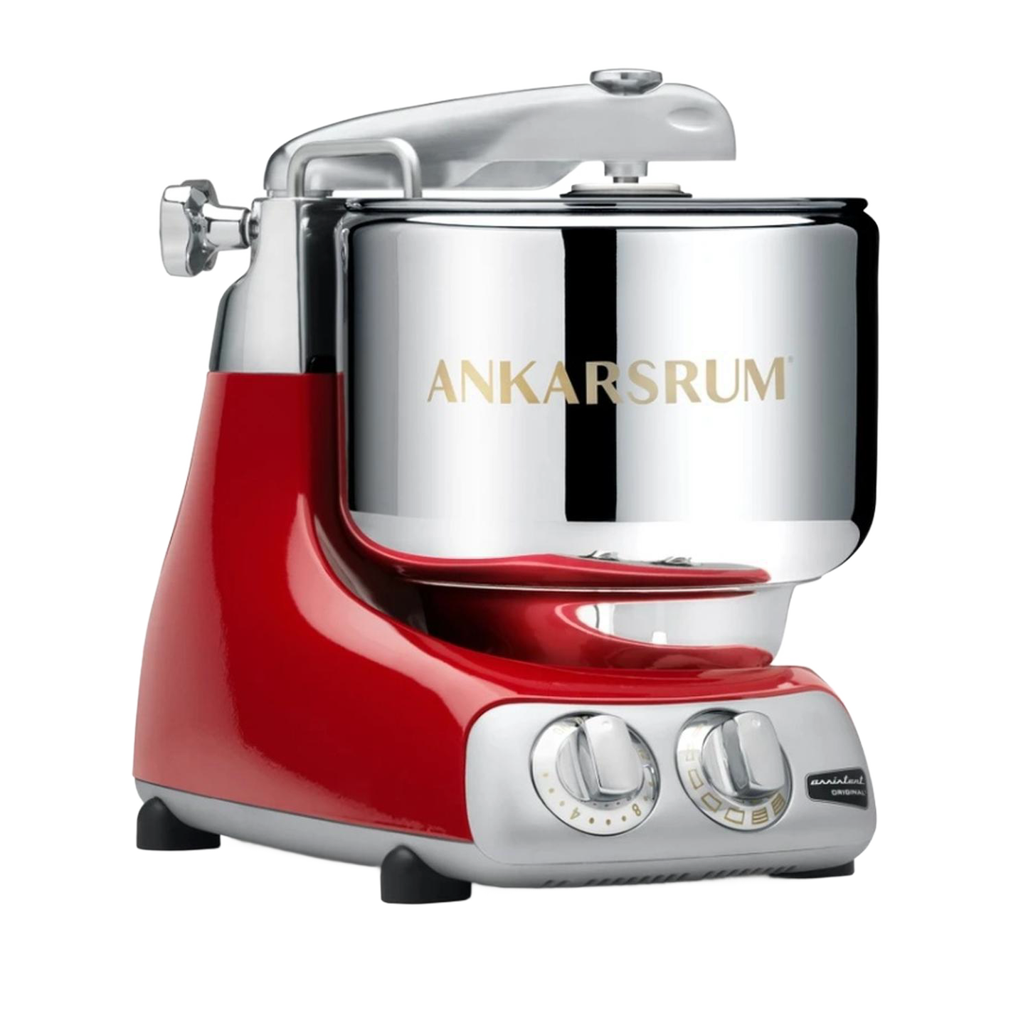 Handcrafted red and stainless steel stand mixer with polished mixing bowl and dual control dials, designed for Kitchen & Food, Baking Supplies, and Bread Making collections.