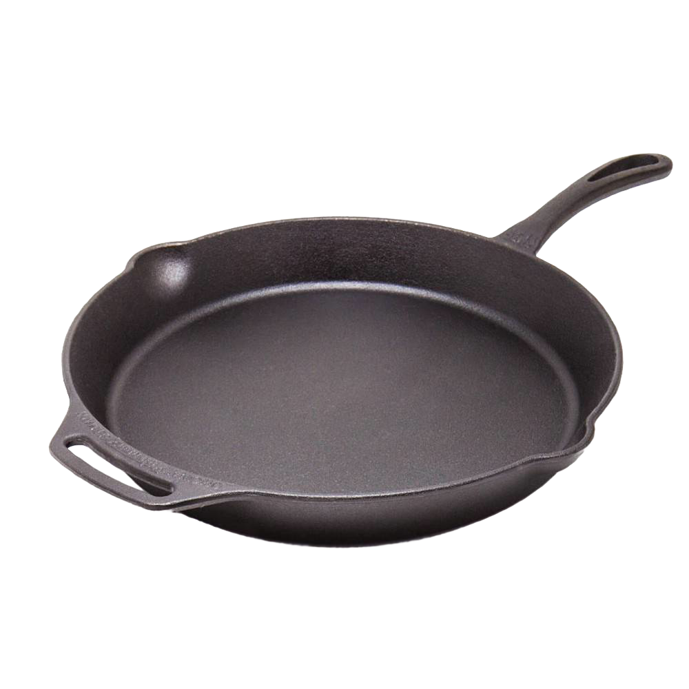Cast iron skillet with a long handle and helper grip, designed for versatile use in camping, kitchen food preparation, and outdoor cooking, featured in Farm, Garden & Tool and Cookware collections.