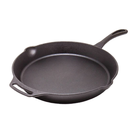 Cast iron skillet with a long handle and helper grip, designed for versatile use in camping, kitchen food preparation, and outdoor cooking, featured in Farm, Garden & Tool and Cookware collections.