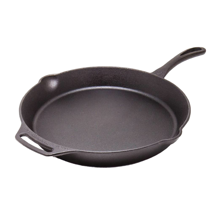 Cast iron skillet with a long handle and helper grip, designed for versatile use in camping, kitchen food preparation, and outdoor cooking, featured in Farm, Garden & Tool and Cookware collections.