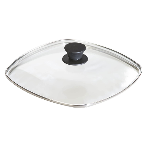 Square tempered glass lid with a black heat-resistant knob and stainless steel rim, designed for cast iron skillets, featured in Kitchen & Food, Cookware, and Best Sellers collections.