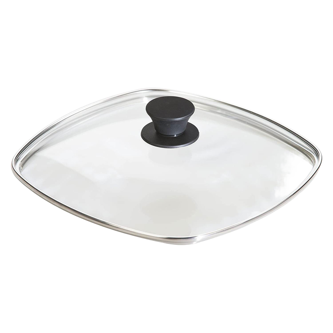 Square tempered glass lid with a black heat-resistant knob and stainless steel rim, designed for cast iron skillets, featured in Kitchen & Food, Cookware, and Best Sellers collections.