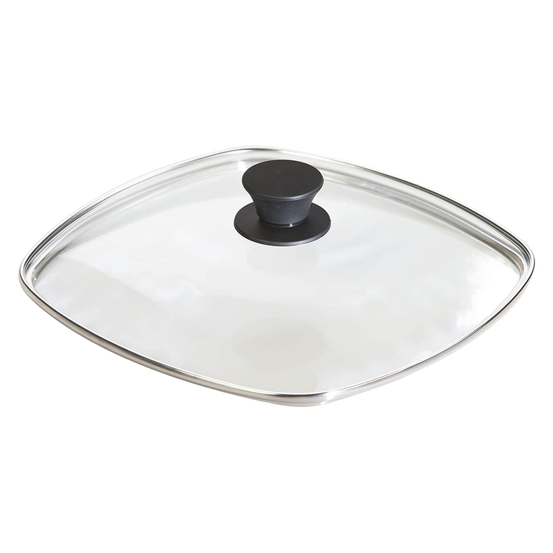 Square tempered glass lid with a black heat-resistant knob and stainless steel rim, designed for cast iron skillets, featured in Kitchen & Food, Cookware, and Best Sellers collections.