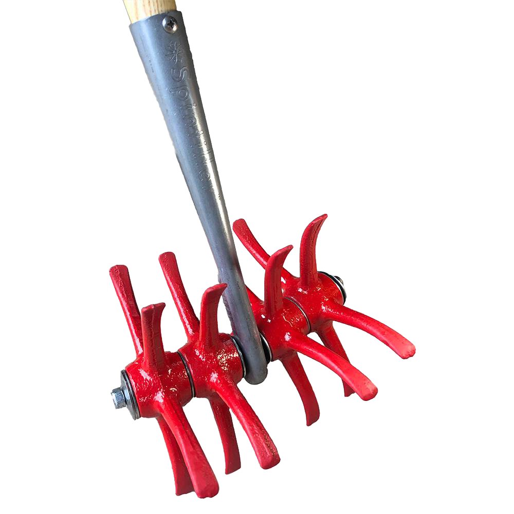 Red curved chisel tip spider tine cultivator tool with wooden handle and metal mounting bracket, designed for digging, tilling, and weeding in farm, garden, and cultivating tasks.
