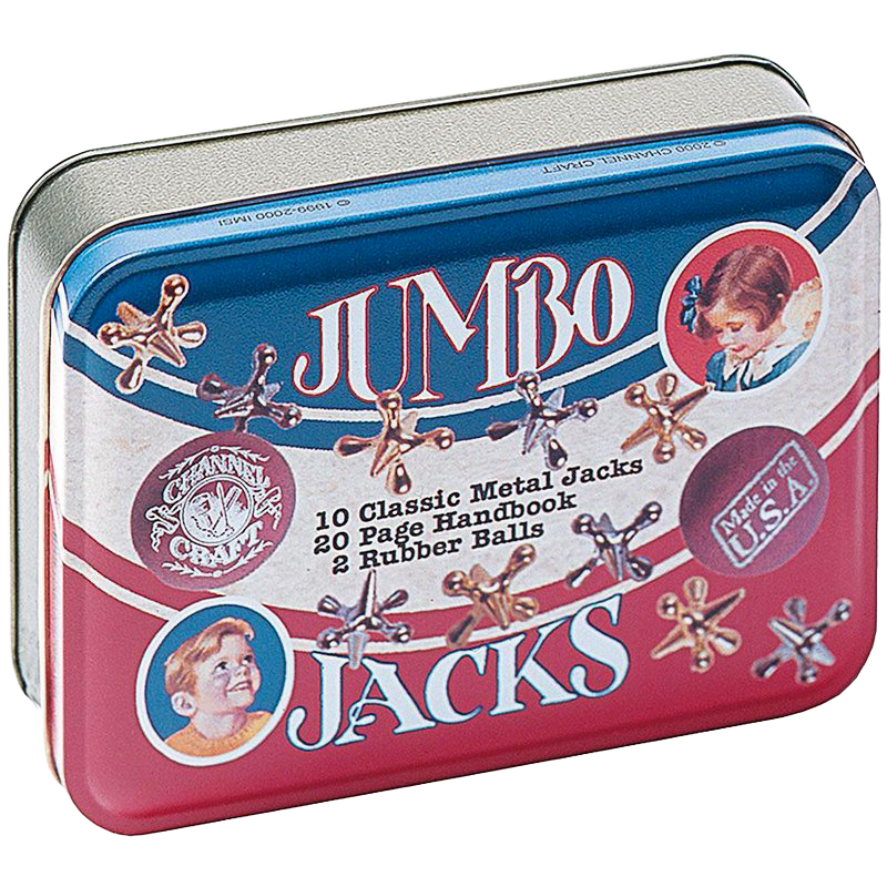 Tin box featuring classic metal jacks game with vintage illustrations, including 10 jacks, 2 rubber balls, and a 20-page handbook, handcrafted in USA, in Toys, Books & Games collections.