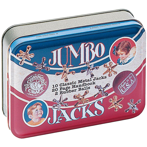Tin box featuring classic metal jacks game with vintage illustrations, including 10 jacks, 2 rubber balls, and a 20-page handbook, handcrafted in USA, in Toys, Books & Games collections.