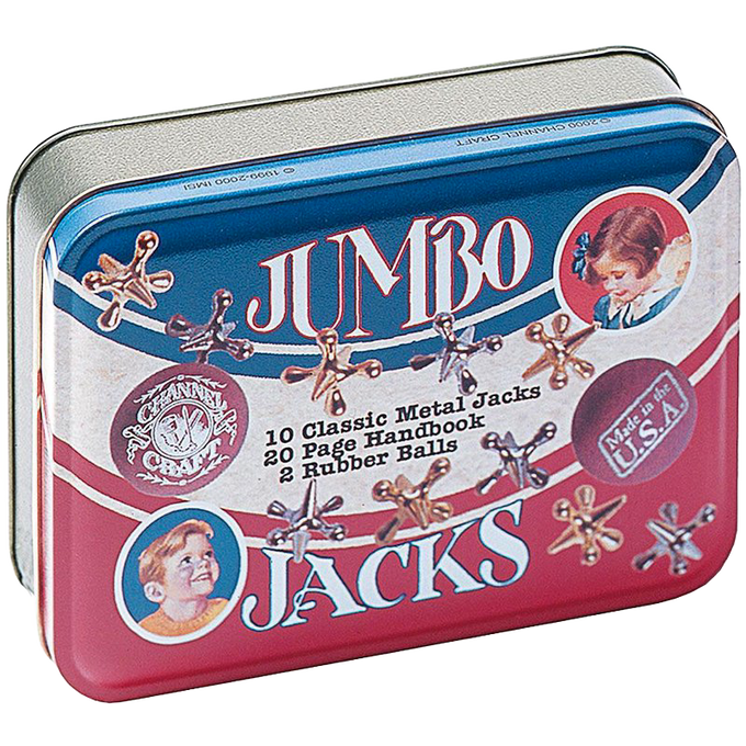 Tin box featuring classic metal jacks game with vintage illustrations, including 10 jacks, 2 rubber balls, and a 20-page handbook, handcrafted in USA, in Toys, Books & Games collections.