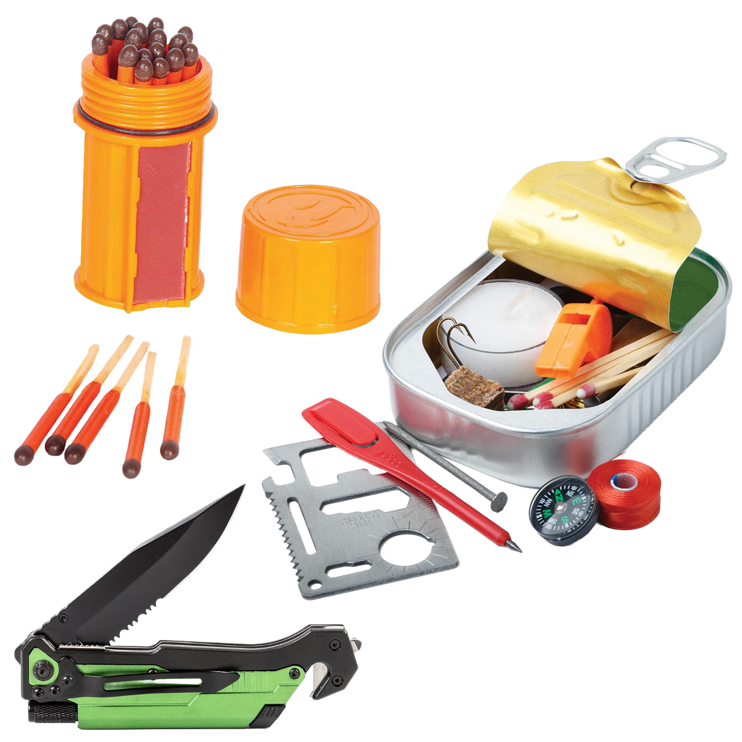 Compact survival kit featuring a green and black folding knife, metal multi-tool card, orange matches container, whistle, compass, and small emergency supplies, ideal for camping and outdoor use.
