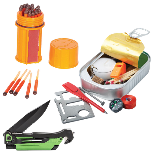 Compact survival kit featuring a green and black folding knife, metal multi-tool card, orange matches container, whistle, compass, and small emergency supplies, ideal for camping and outdoor use.