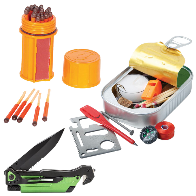 Compact survival kit featuring a green and black folding knife, metal multi-tool card, orange matches container, whistle, compass, and small emergency supplies, ideal for camping and outdoor use.