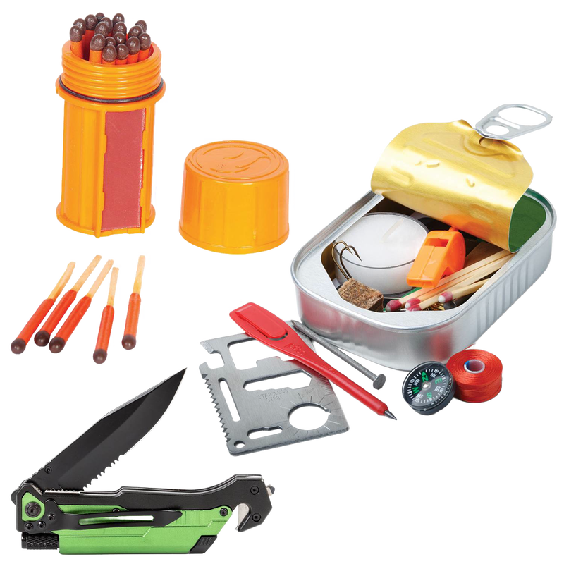 Compact survival kit featuring a green and black folding knife, metal multi-tool card, orange matches container, whistle, compass, and small emergency supplies, ideal for camping and outdoor use.