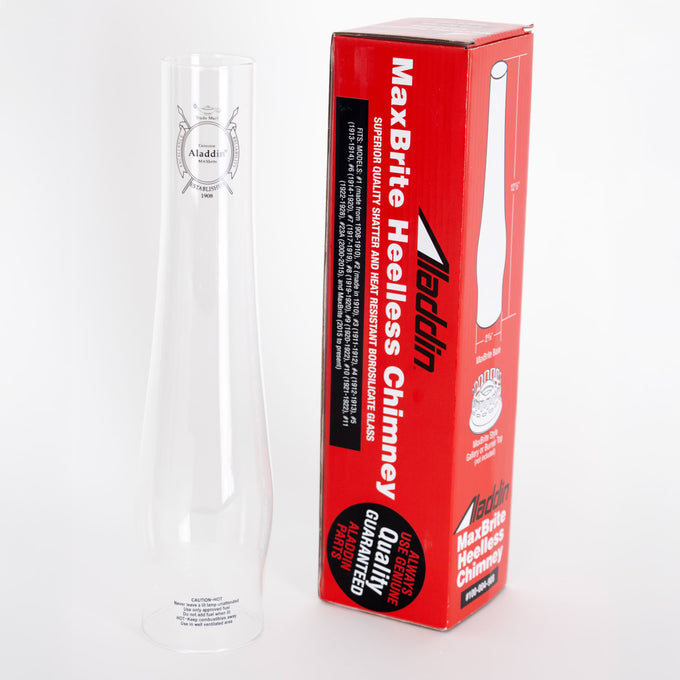 Clear glass oil lamp chimney alongside red packaging labeled for max brightness and durability, ideal for Lamps & Lighting, Parts and Accessories, Chimneys and Globes, and Best Sellers collections.