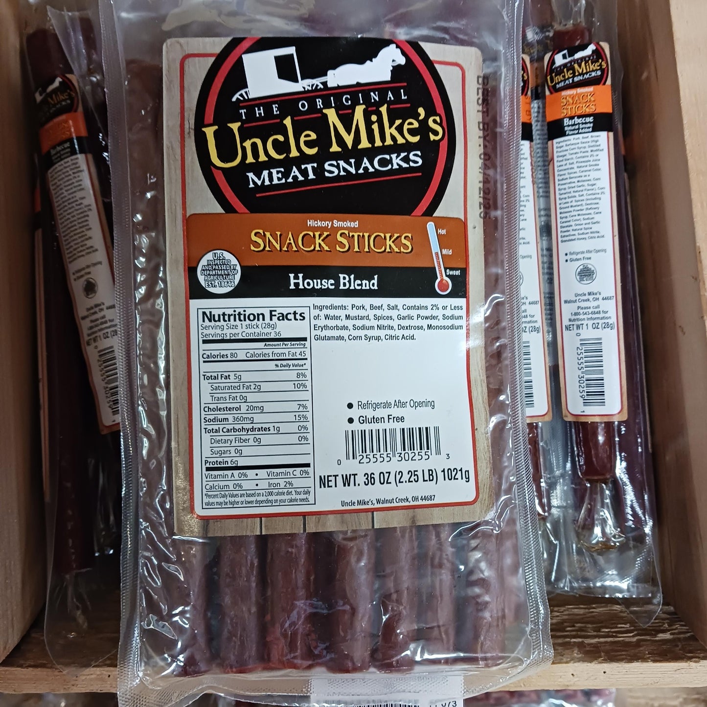 Clear bag of handcrafted hickory smoked snack sticks in house blend flavor, made with pork and beef, a savory protein snack perfect for Kitchen & Food, Snacks and Sweets, Meats, USA Made, Best Sellers, and Promo Eligible collections.