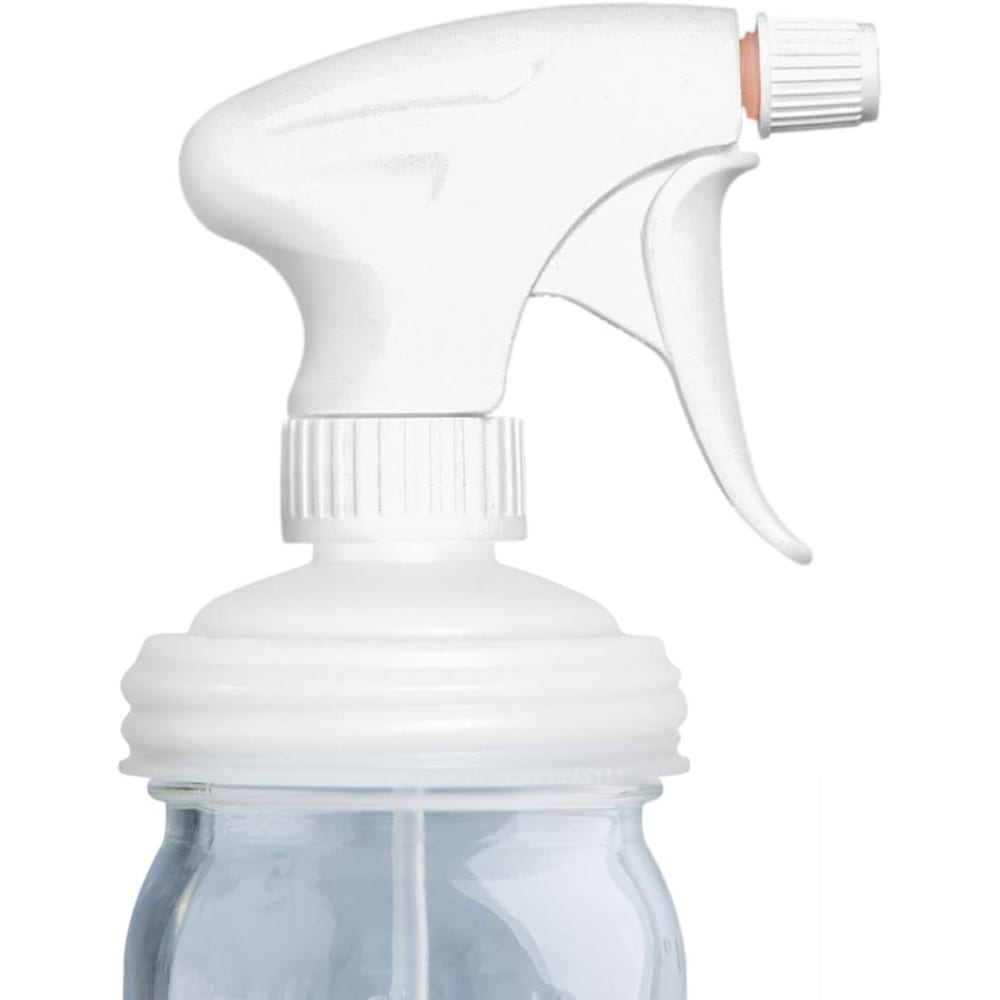 White plastic sprayer lid with adjustable nozzle and trigger designed to fit regular-mouth Mason jars, made in USA, featured in Home & Decor, Household Helpers, Best Sellers, and Promo Eligible collections.