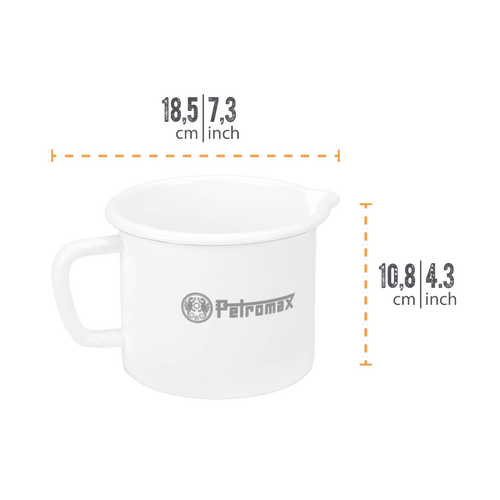 Compact white enamel steel milk pot with handle and pour spout, handcrafted for lightweight outdoor use in Farm, Garden & Tool, Kitchen & Food, Camping, Cookware, and Best Sellers collections.