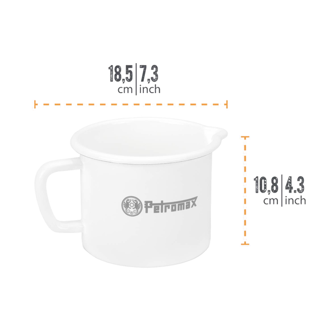 Compact white enamel steel milk pot with handle and pour spout, handcrafted for lightweight outdoor use in Farm, Garden & Tool, Kitchen & Food, Camping, Cookware, and Best Sellers collections.