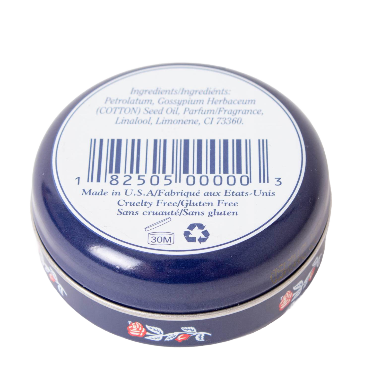 Round tin of handcrafted Original Rosebud salve with blue lid and floral design, cruelty-free, gluten-free, made in USA, ideal for health remedies and wellness collections.