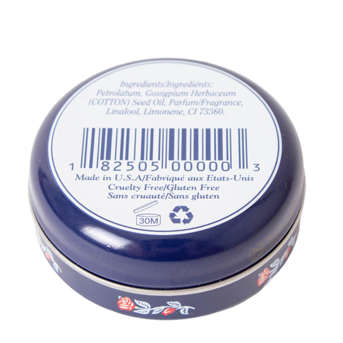 Round tin of handcrafted Original Rosebud salve with blue lid and floral design, cruelty-free, gluten-free, made in USA, ideal for health remedies and wellness collections.