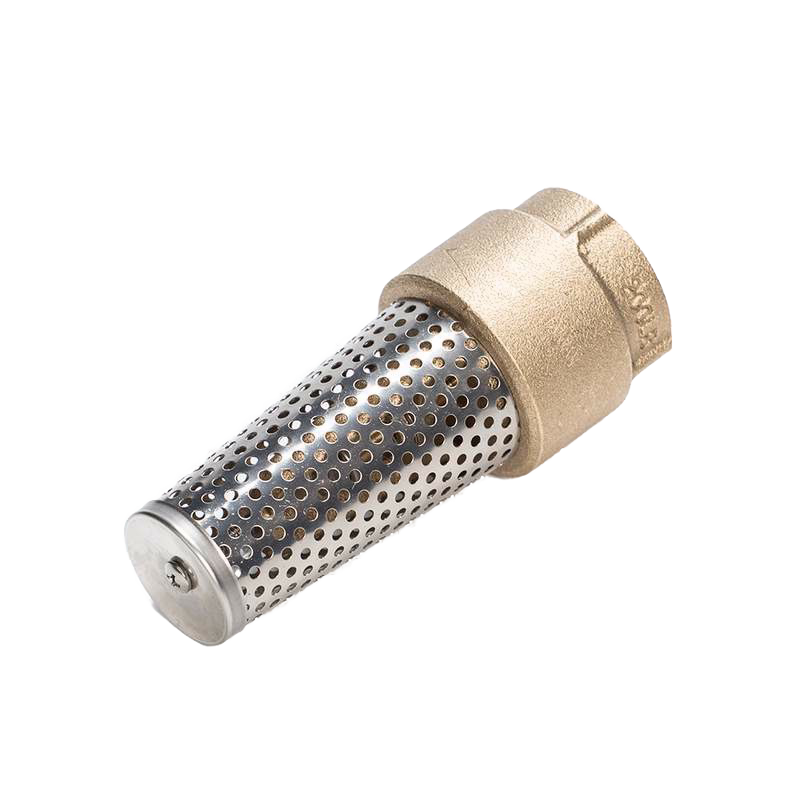 Brass and stainless steel foot valve with perforated strainer, designed for 1-1/4" pipes to improve deep well pump performance, featured in Appliances and Pump Parts collections.