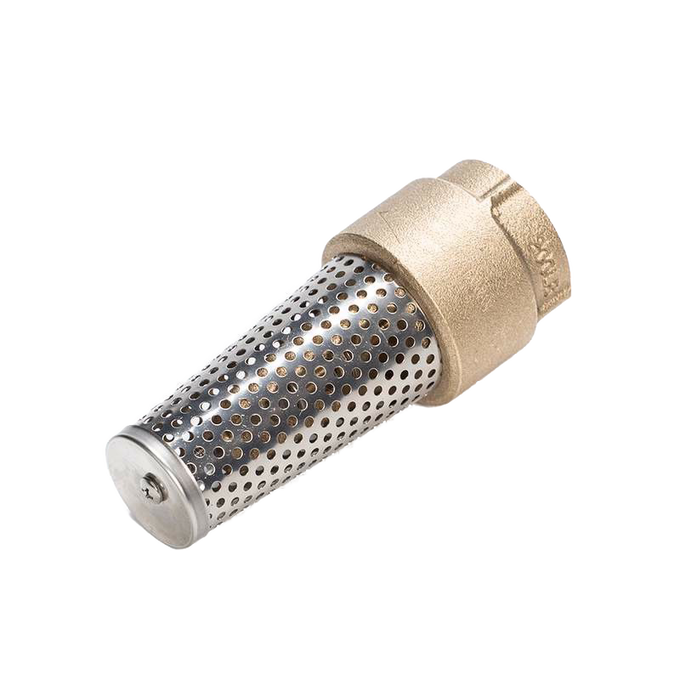 Brass and stainless steel foot valve with perforated strainer, designed for 1-1/4" pipes to improve deep well pump performance, featured in Appliances and Pump Parts collections.