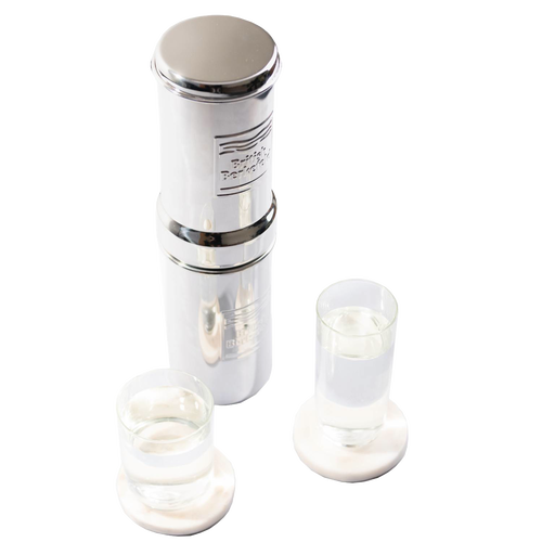 Handcrafted polished stainless steel gravity water filter with two clear glass cups filled with water, ideal for camping and emergency supplies in Farm, Garden & Tool and Appliances collections.