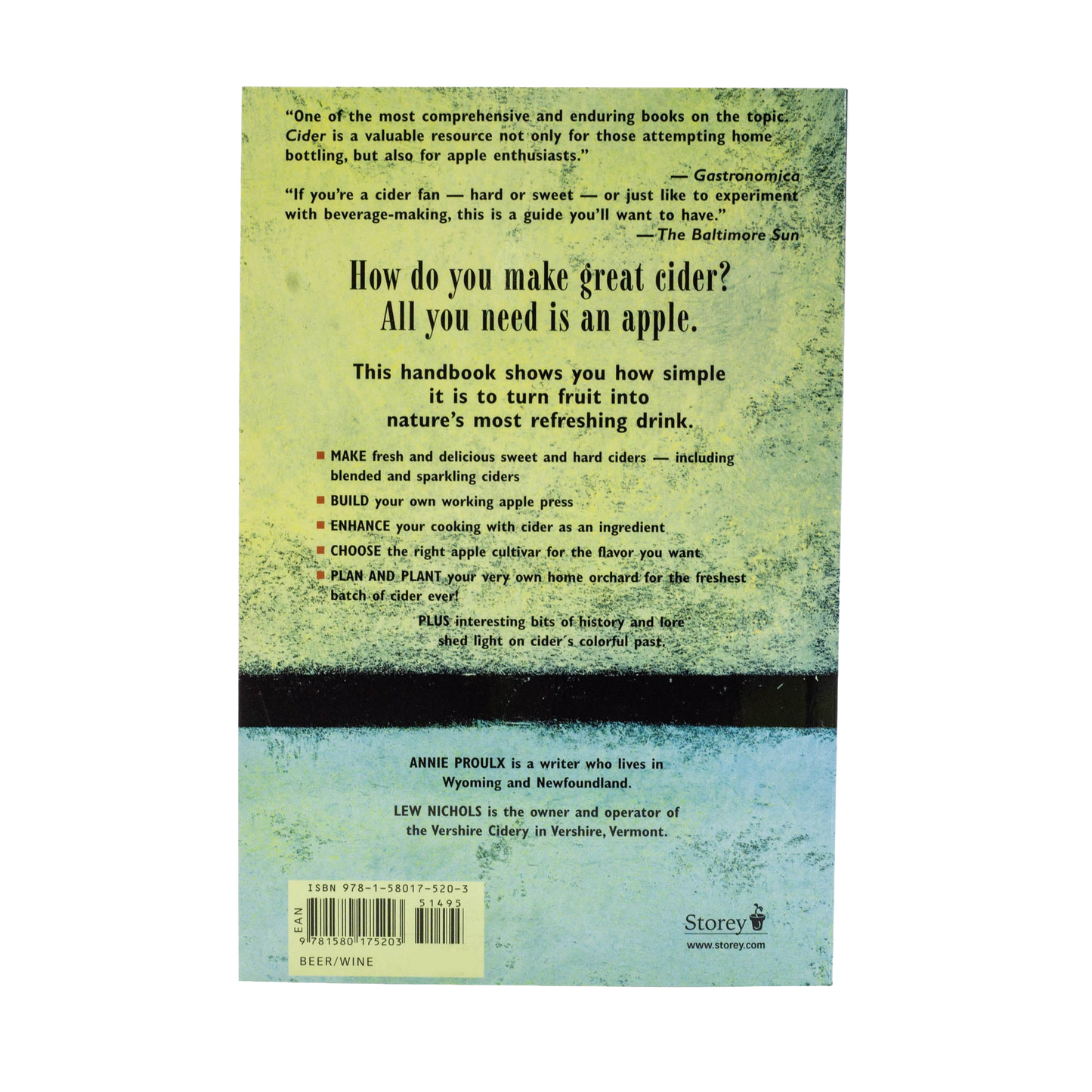 Book back cover featuring text highlighting a handbook for making sweet and hard cider at home, including apple selection, pressing, and cider crafting tips, ideal for Farm, Garden & Tool and Home and Garden How-To Books collections.