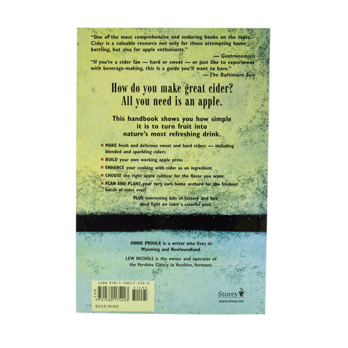 Book back cover featuring text highlighting a handbook for making sweet and hard cider at home, including apple selection, pressing, and cider crafting tips, ideal for Farm, Garden & Tool and Home and Garden How-To Books collections.