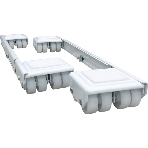 Adjustable steel appliance rollers with durable plastic wheels, designed to fit various household appliances and ease moving heavy items for cleaning, ideal for Home & Decor and Appliance collections.