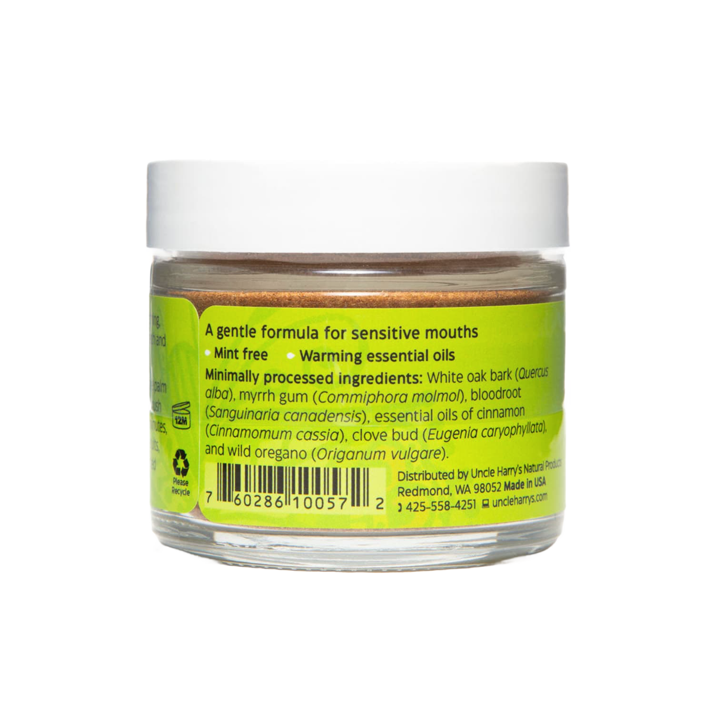 Clear jar of tooth powder labeled with gentle formula ingredients for sensitive mouths including white oak bark, myrrh gum, bloodroot, and warming essential oils, featured in Health & Wellness, Health Remedies, Grooming and Personal Hygiene, USA Made, Best Sellers, and Promo Eligible collections.