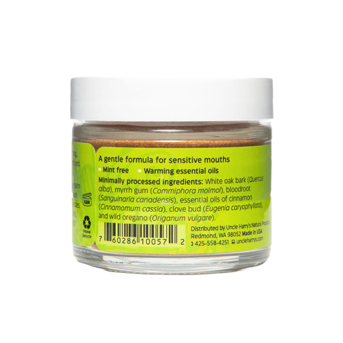 Clear jar of tooth powder labeled with gentle formula ingredients for sensitive mouths including white oak bark, myrrh gum, bloodroot, and warming essential oils, featured in Health & Wellness, Health Remedies, Grooming and Personal Hygiene, USA Made, Best Sellers, and Promo Eligible collections.