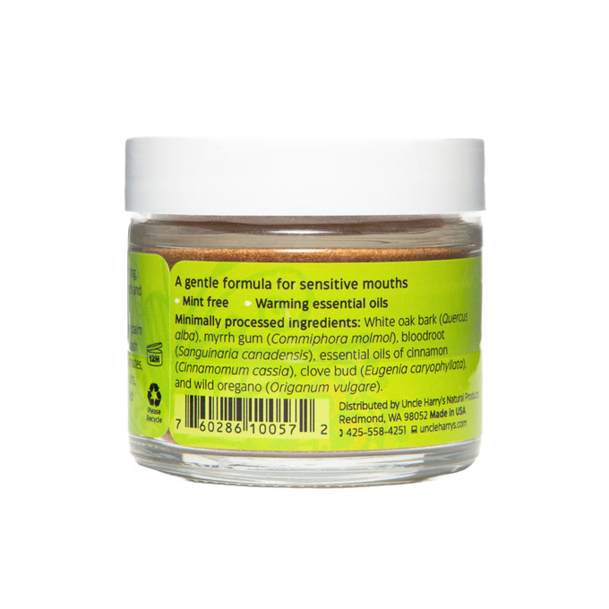 Clear jar of tooth powder labeled with gentle formula ingredients for sensitive mouths including white oak bark, myrrh gum, bloodroot, and warming essential oils, featured in Health & Wellness, Health Remedies, Grooming and Personal Hygiene, USA Made, Best Sellers, and Promo Eligible collections.