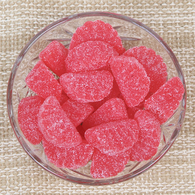 Bowl of bright red sugar-coated cherry slice candies with a chewy texture, evoking classic sweet flavors, featured in Kitchen & Food, Snacks and Sweets, Best Sellers, and Promo Eligible collections.