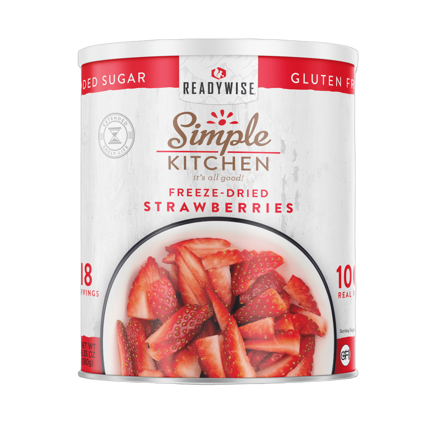 Large can of sliced freeze-dried strawberries with vibrant red pieces visible, labeled gluten free and no added sugar, ideal for kitchen, emergency supplies, and long-term food storage.