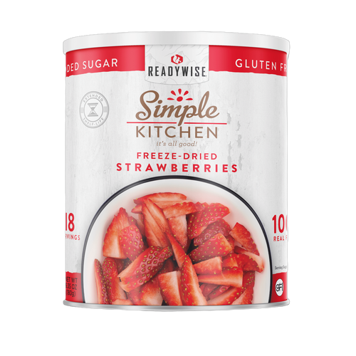 Large can of sliced freeze-dried strawberries with vibrant red pieces visible, labeled gluten free and no added sugar, ideal for kitchen, emergency supplies, and long-term food storage.