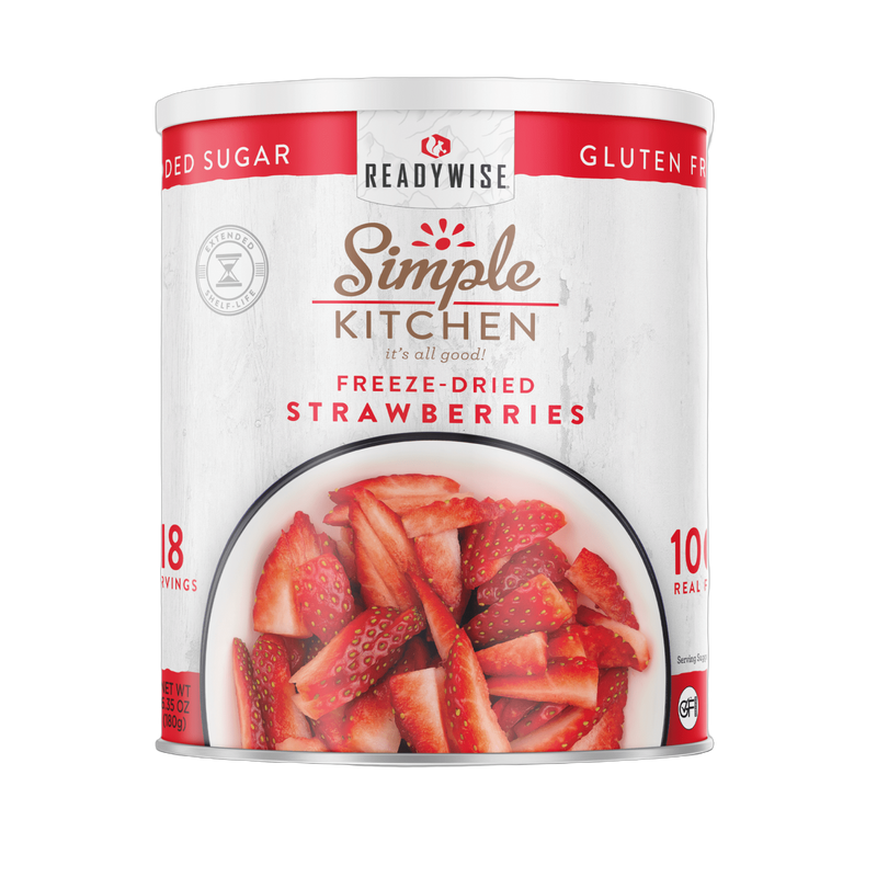 Large can of sliced freeze-dried strawberries with vibrant red pieces visible, labeled gluten free and no added sugar, ideal for kitchen, emergency supplies, and long-term food storage.
