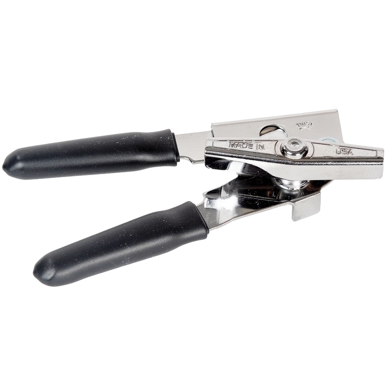 Heavy gauge chromed steel can opener with rubberized black handles for comfortable grip, designed for smooth use, made in USA, ideal for Kitchen Gadgets and Best Sellers collections.