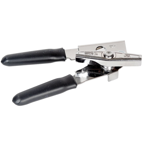Heavy gauge chromed steel can opener with rubberized black handles for comfortable grip, designed for smooth use, made in USA, ideal for Kitchen Gadgets and Best Sellers collections.