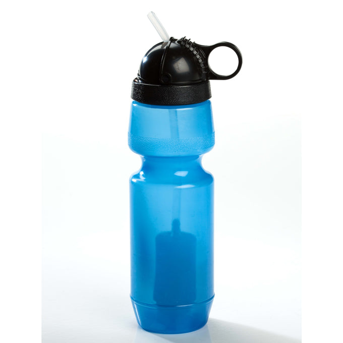 Blue 22 oz Sport Berkey water filter bottle made from BPA-free medical-grade LDPE #4 polymer with a black twist-on cap and integrated loop handle, designed for camping, emergency supplies, and everyday use.