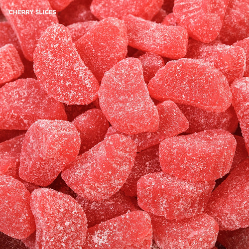 Close-up of bright red cherry slice candies coated in sugar crystals, evoking sweet nostalgia, featured in Kitchen & Food, Snacks and Sweets, Food, Best Sellers, and Promo Eligible collections.