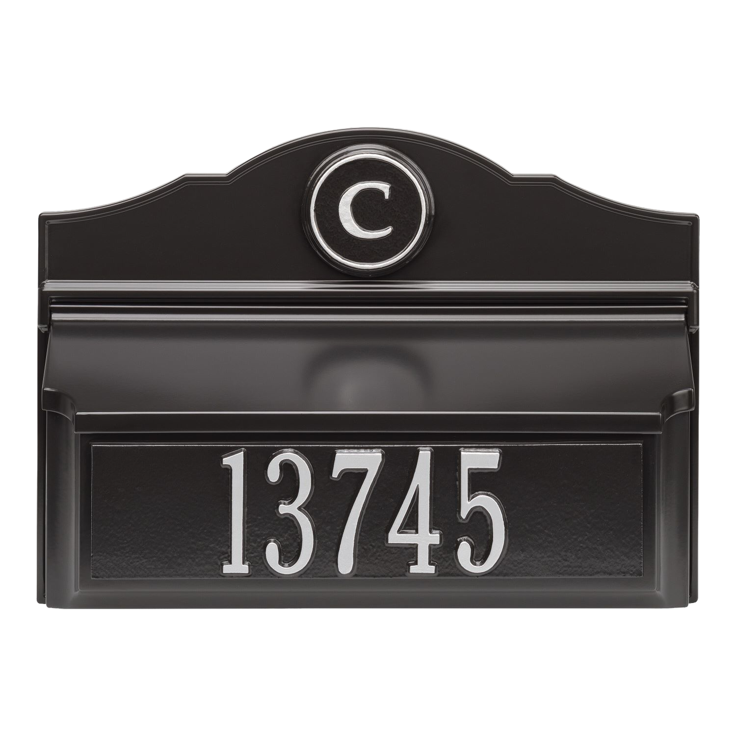 Black and silver handcrafted custom wall mount mailbox featuring a raised monogram letter and house number plate, enhancing curb appeal in Home & Decor and USA Made collections.