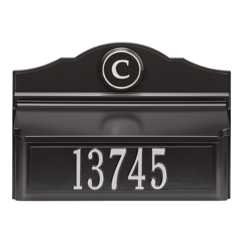 Black and silver handcrafted custom wall mount mailbox featuring a raised monogram letter and house number plate, enhancing curb appeal in Home & Decor and USA Made collections.