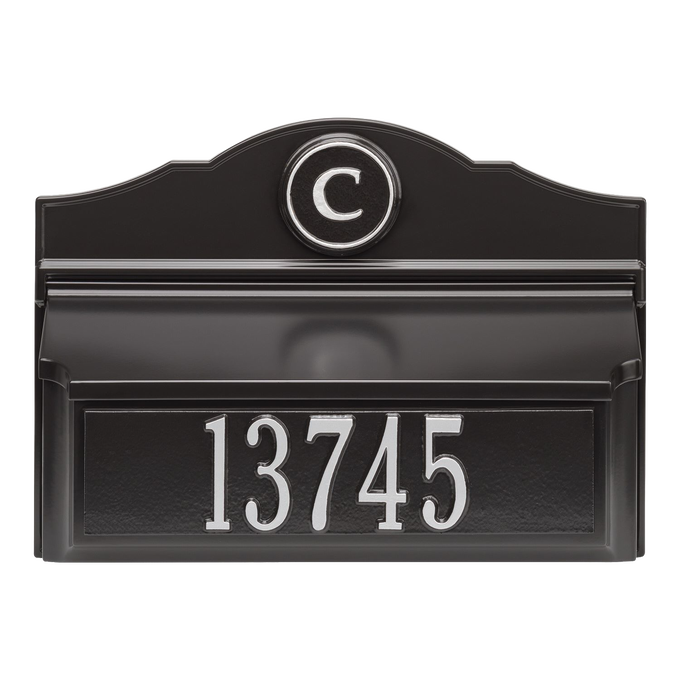 Black and silver handcrafted custom wall mount mailbox featuring a raised monogram letter and house number plate, enhancing curb appeal in Home & Decor and USA Made collections.