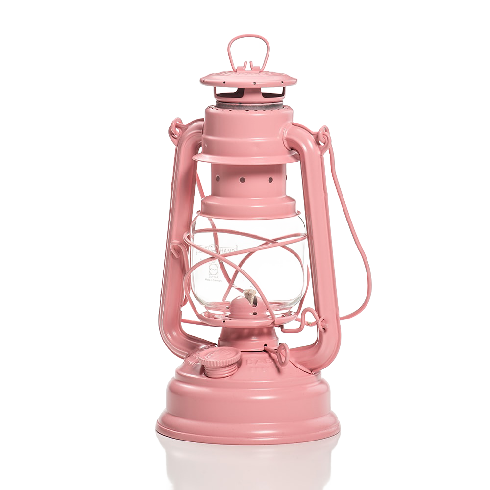 Classic-style pink galvanized oil lantern with heat-resistant glass globe and sturdy handle, perfect for camping, emergency supplies, and outdoor lighting needs.