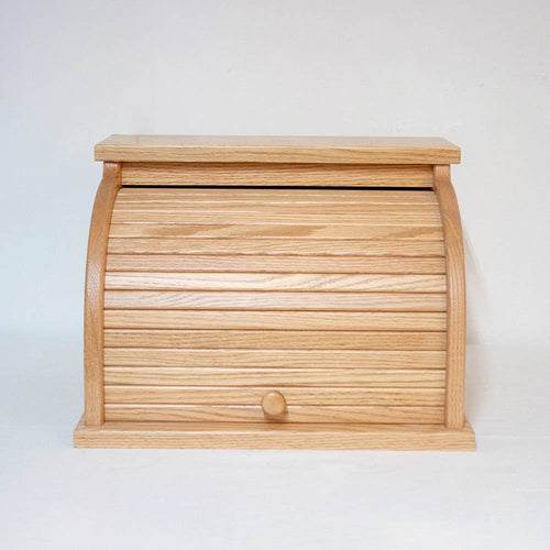 Handcrafted light honey-brown oak roll-top bread box with smooth finish, designed for Kitchen & Food and Storage and Serving, Amish made and USA made best seller.