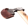 Close-up of a hand-forged broad axe with a wooden handle and protective brown leather sheath, designed for timber work, featured in Farm, Garden & Tool and Wood Cutting collections.